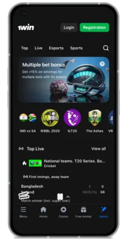 Screenshot of the Sport betting page in the 1win mobile app in India